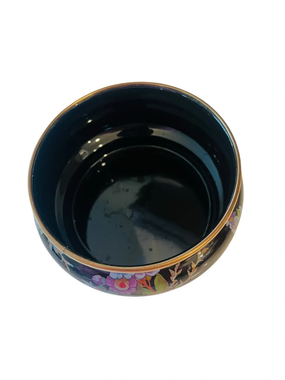 MacKenzie-Childs Black Flower Market Squashed Pot Bowl Gold Rim Floral No Lid